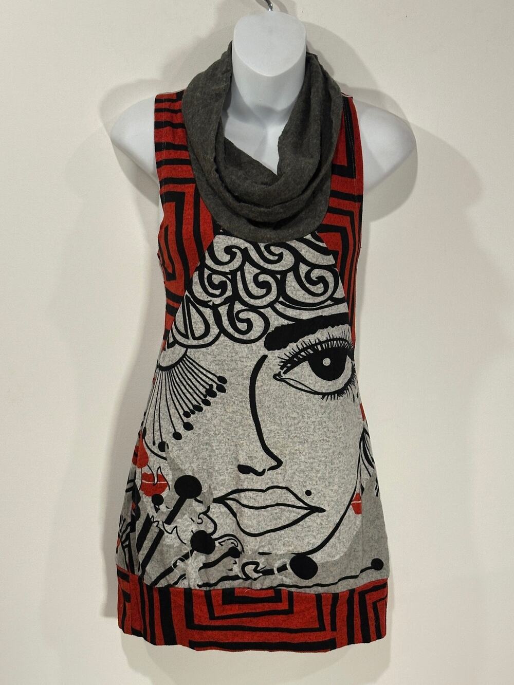 Smash! Spain Y2K Mod Face Graphic Cowl Neck Sleeveless Sweater Dress Tunic M